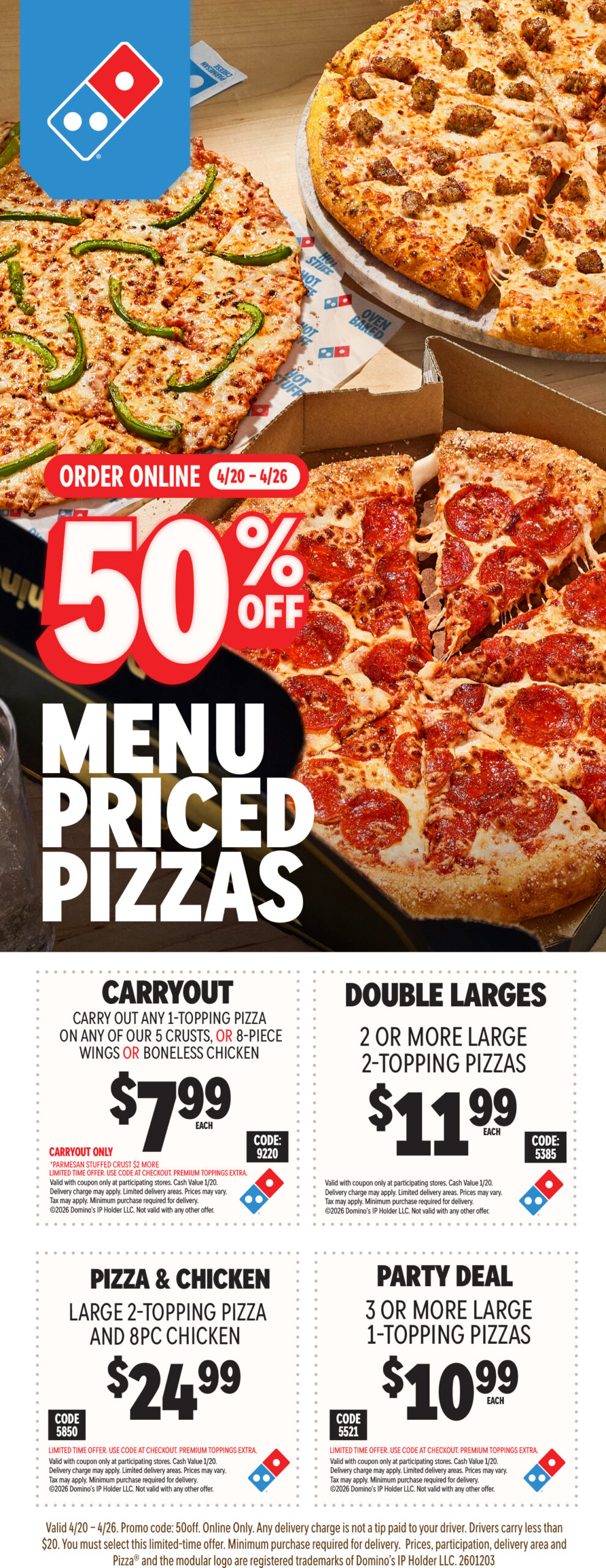 50% Off Menu Priced Pizzas Boost Week Door Hanger back side