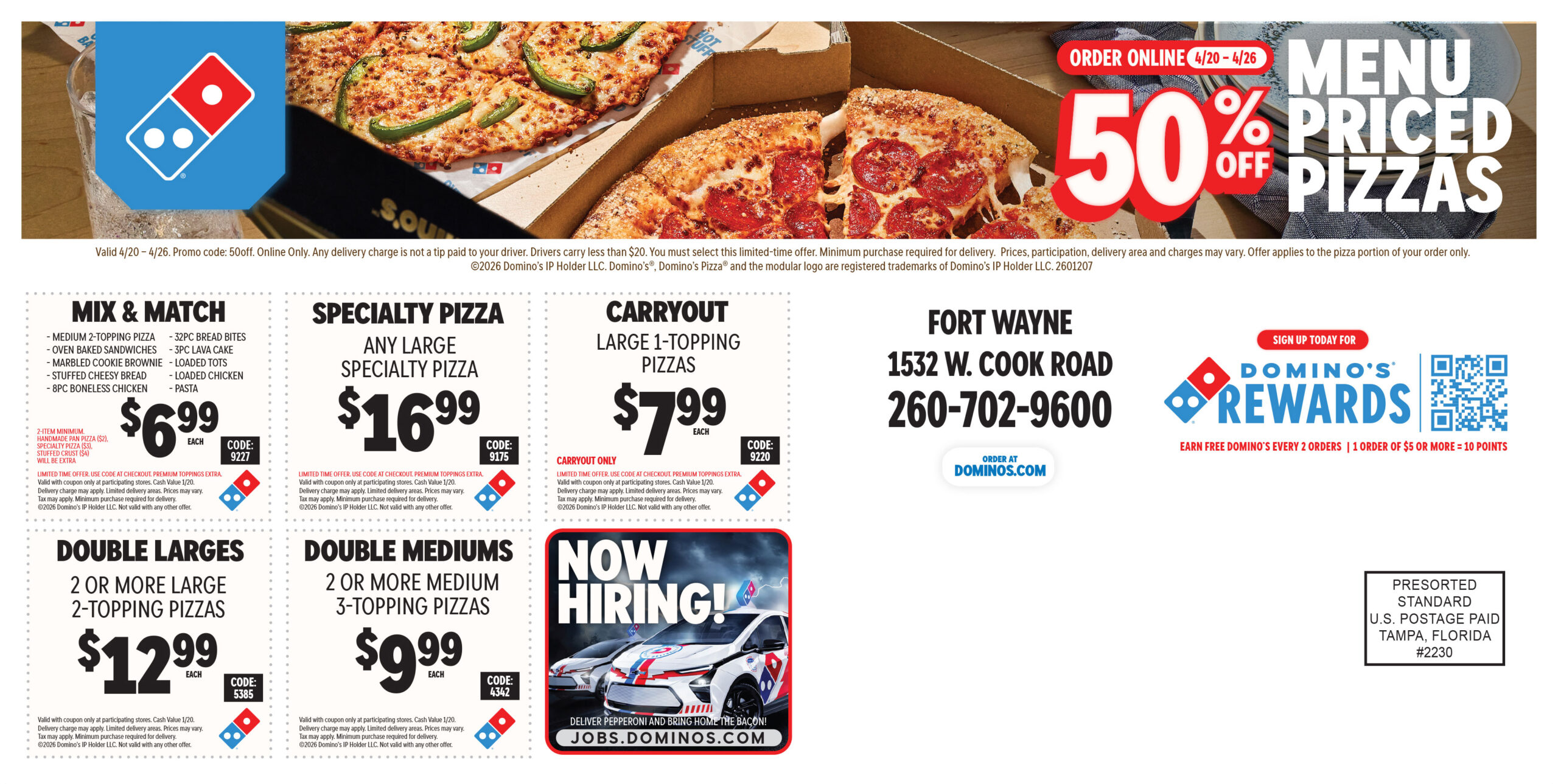 50% Off Menu Priced Pizzas Postcard back side